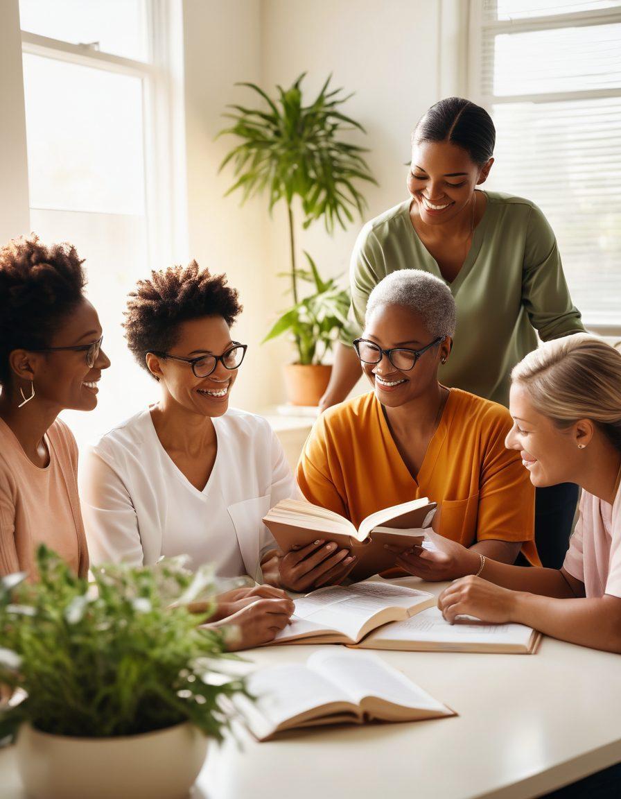 A warm and inviting scene depicting a diverse group of people, including a cancer survivor and healthcare professionals, sharing knowledge and support in a bright, sunlit room filled with plants. The survivor, with a gentle smile, holds a symbol of hope, like a butterfly or a flower, while the experts demonstrate guidance with open books and charts. Soft, uplifting colors enhance the atmosphere, creating a sense of empowerment and community. super-realistic. vibrant colors. white background.