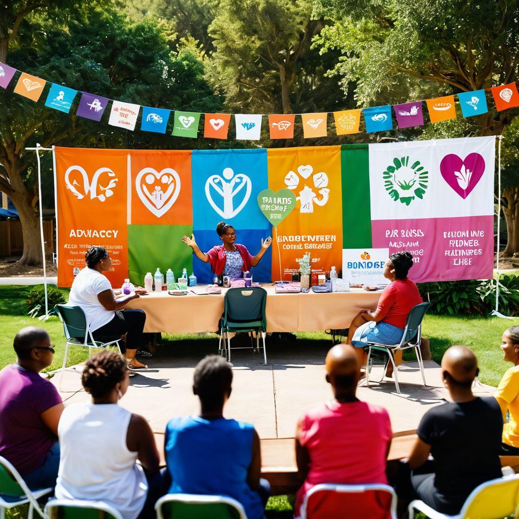 A vibrant scene showcasing a diverse group of individuals engaged in a community wellness event, surrounded by colorful banners promoting advocacy for oncology. Include symbols of empowerment such as raised hands and heart shapes, with a warm, inviting atmosphere. Incorporate elements like supportive group discussions, informational booths, and healing spaces with greenery. super-realistic. vibrant colors. open background.