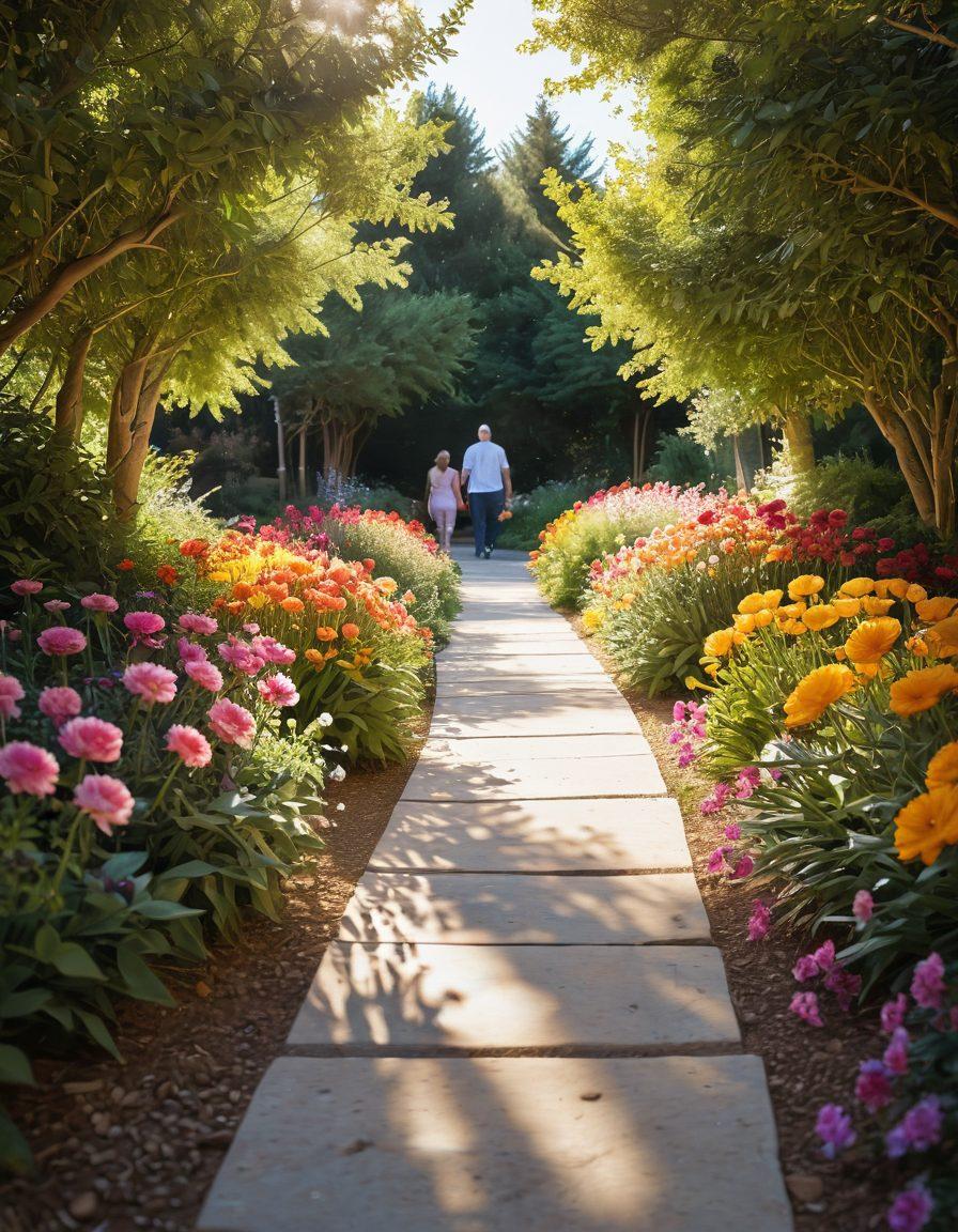 A serene, sunlit pathway symbolizing hope for cancer survivors, lined with vibrant flowers and supportive hands reaching out. In the background, a diverse group of people sharing stories and resources, radiating positivity and resilience. Include soft, warm lighting to evoke a sense of comfort and strength. super-realistic. vibrant colors. peaceful atmosphere.